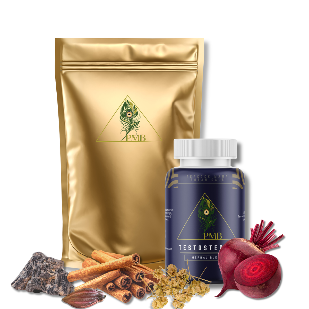A gold stand-up pouch and a dark blue bottle labeled PMB Testosterone Herbal Blend, arranged with visible ingredients including cinnamon sticks, beetroots, and dried herbs on a white background.